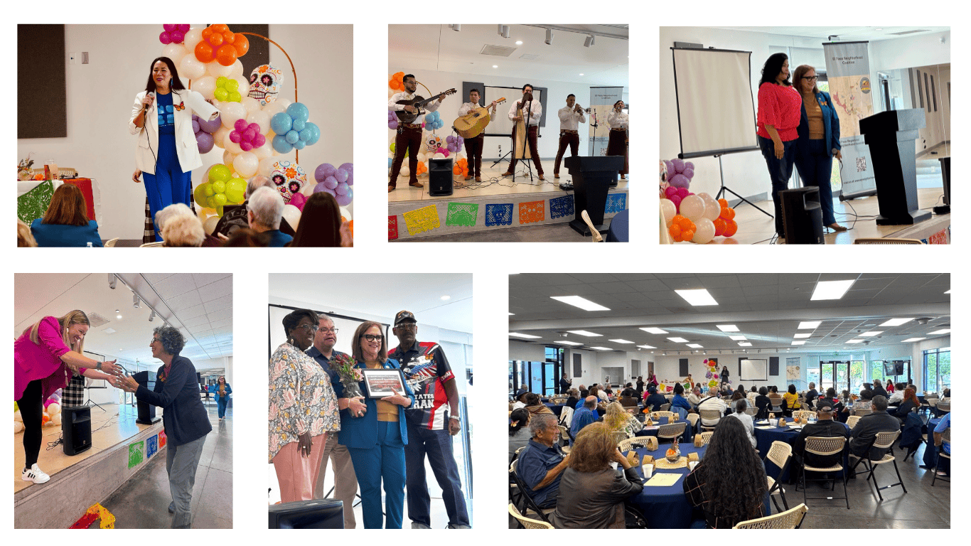 Collage of community members at tables, receiving awards, and posing for pictures.